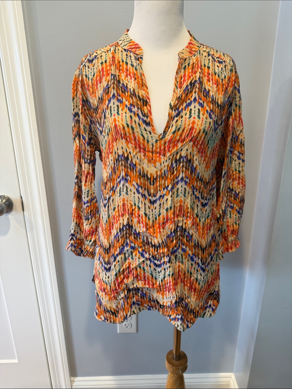 Amanda Uprichard Multicolor Chevron Print V-Neck Tunic - Orange, Blue, Cream